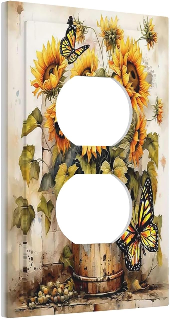 Outlet Covers Rustic Vintage Sunflower Bouquet Butterfly 1 Gang Duplex Electrical Receptacle Faceplate Light Switch Cover Wall Plate Decorative Switch Plates for Farmhouse Cabin Decor