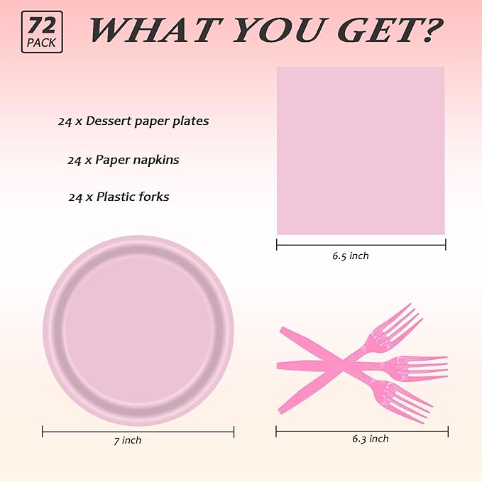 72 Pcs Pink Paper Plates 7in Disposable Dessert Plates Napkins and Forks Party Tableware Set Decoration Supplies for Birthday Baby Shower Wedding Holiday Bridal Shower Party, Serve 24