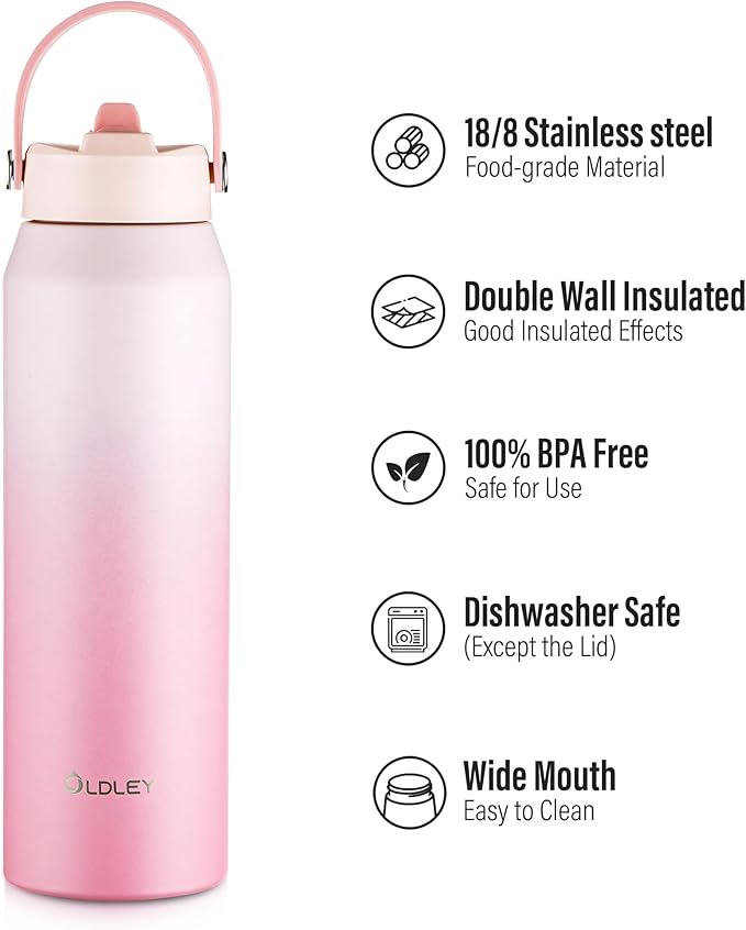 Oldley 32oz Insulated Water Bottle with Straw, Stainless Steel Water Bottle for Sports, Travel, School, BPA-Free Sports Bottles for Adult Kids, Leak-Proof, Pink-Red