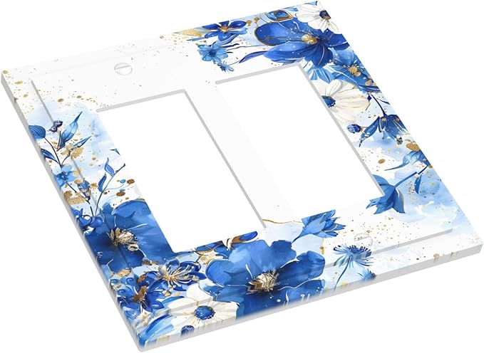 Klein Blue Flowers Watercolor Golden White Floral Decorative Outlet Covers 2 Gang Double GFCI Rocker Electrical Wall Panels Light Switch Cover Plate for Bedroom Living Room Decor
