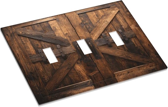 Decorative Light Switch Cover Plate Retro Brown Wood Barndoor 3 Gang Wall Plates for Electrical Outlets Triple Toggle Switch Plate Covers Outlet Covers Faceplate for Farmhouse Decor