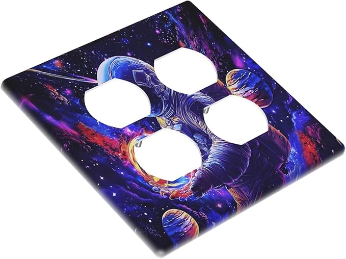 Astronaut Space Cool Galaxy Planet Outlet Covers 2 Gang Double Duplex Decorative Light Switch Covers Electrical Wallplates Socket Faceplate for Kids Room Nursery Decor