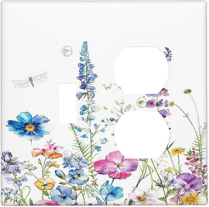 Wallplates Boho Colorful Flowers Plants And Dragonflies 1 Toggle 1 Duplex Switch Plate Electrical GFCI Faceplate Decorative Light Switch Covers for Bedroom living Room Decor