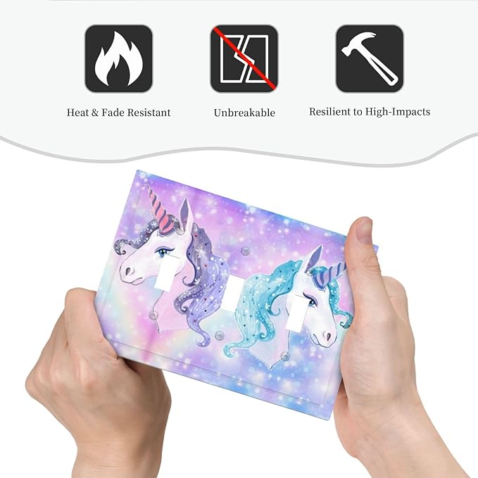 Cute Colorful Purple/Blue Rainbow Unicorn 3 Gang Toggle Light Switch Cover, Cute Kid Girls Girly Fantasy Decorative Three Device Triple Toggle Switch Face Wall Plate Electrical Decorator Outlet Cover