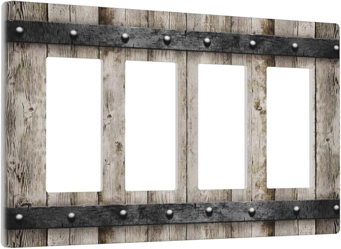 Vintage Retro Western Barn Cabin Wood 4 Gang Quad Rocker/GFCI/Decorator Light Switch Cover Plate Decorative Electric Faceplate Decorative Switchplate Screwless
