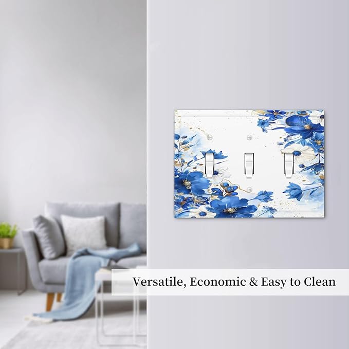 Klein Blue Flowers Watercolor Golden White Floral Decorative Switch Plates 3 Gang Wall Plate Triple Toggle Light Switch Cover Faceplate Electrical Wall Panels for Bedroom Living Room Decor