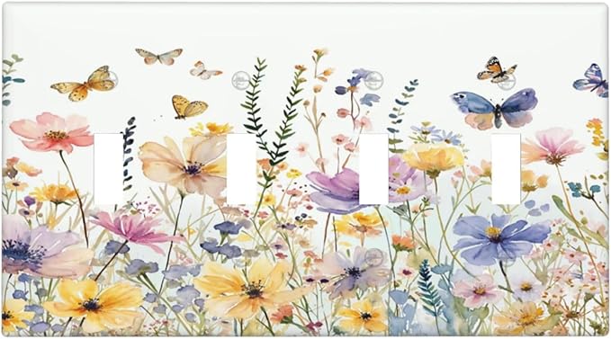 Wildflowers Colorful Flower Butterfly Floral Light Switch Covers Quad Toggle Electrical Faceplate 4 Gang Wall Plate Decorative Switch Plates Cover for Farmhouse Bedroom Decor