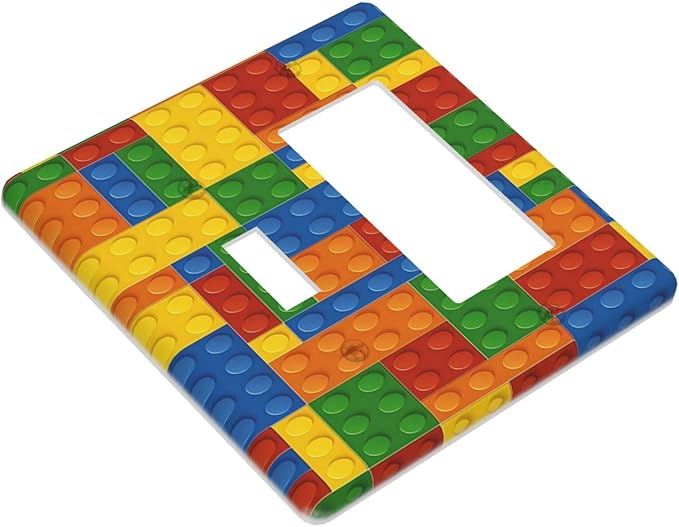 Light Switch Cover Colorful Building Block 2 Gang Toggle Rocker Combo Socket Cover Wall Plates Decorative Switch Plates and Outlet Covers for Kids Room Home Decor