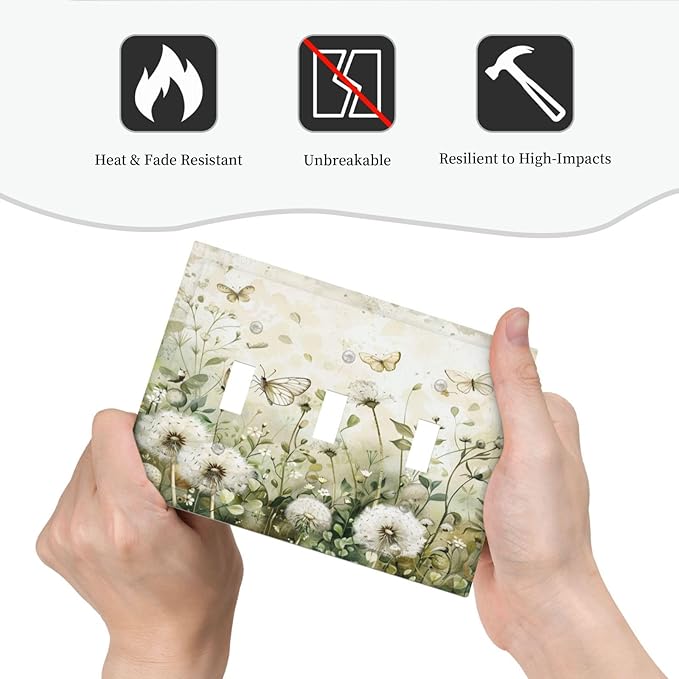 Light Switch Cover Plate Watercolor Butterflies Dandelions Wildflowers 3 Gang Triple Toggle Decorative Switch Plates Wall Plates Electrical Switchplate Faceplate for Bathroom Bedroom Decor