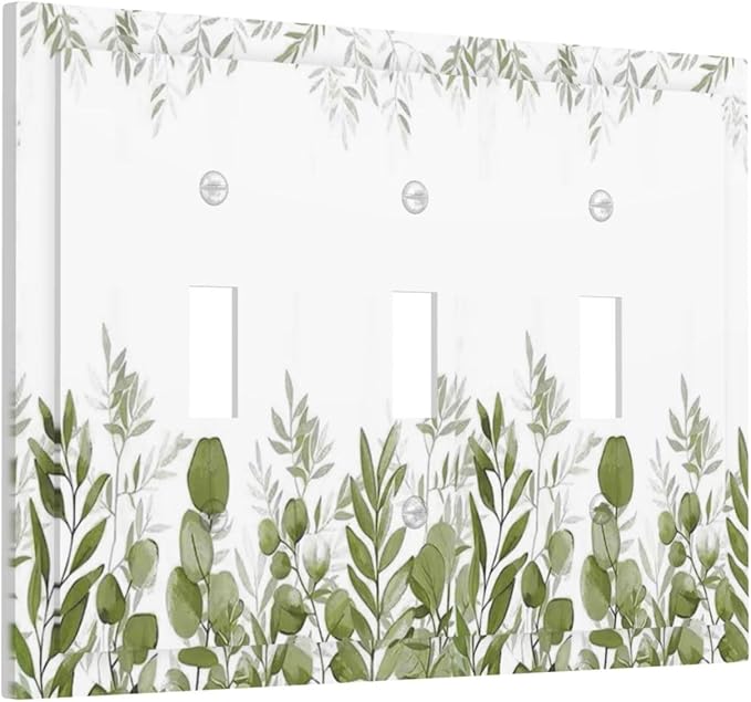 Green Eucalyptus Plant Leaves Vine Decorative Switch Plates 3 Gang Wall Plate Triple Toggle Light Switch Cover Faceplate Electrical Wall Panels for Bed Room Living Room Decor