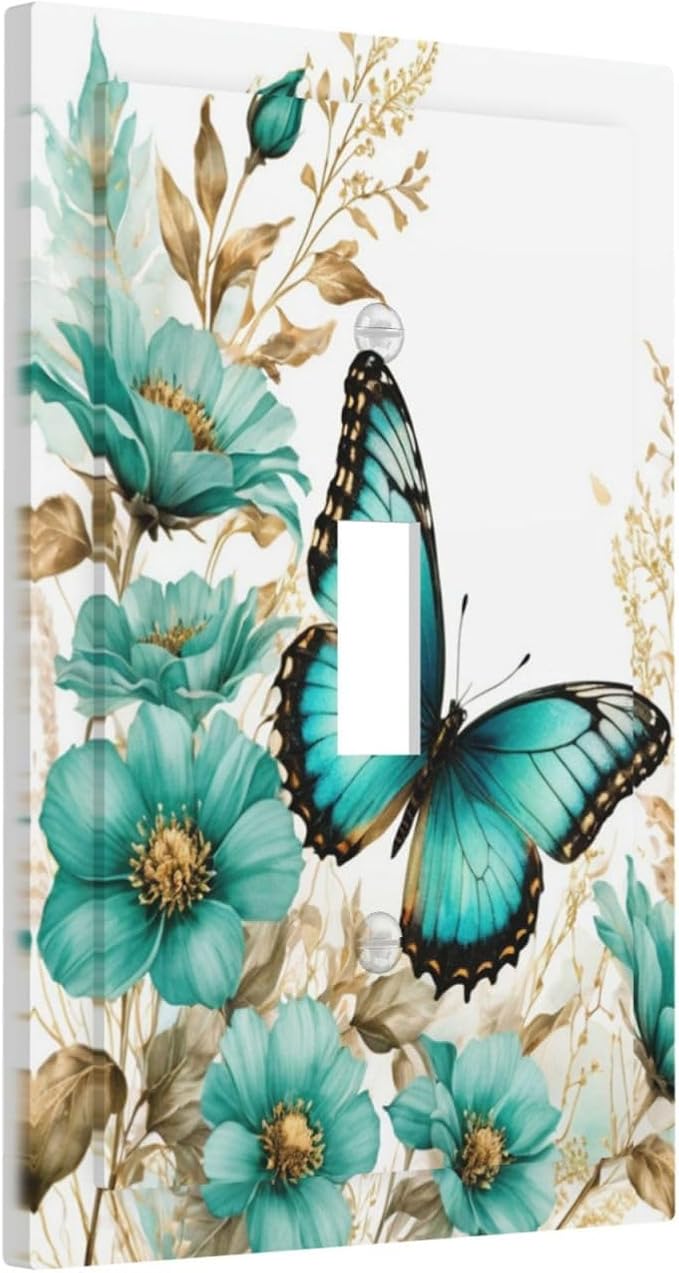 Decorative Light Switch Cover Plate - Butterfly on Blue Daisy Flower Floral Golden Leaf 1 Gang Oversized Single Toggle Wall Cover Jumbo Electrical Face Plate