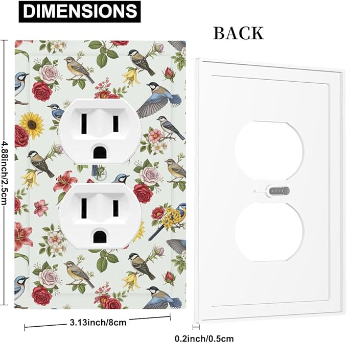 Vintage Birds & Blooms Duplex Wall Plate - 1-Gang Standard US Size English Countryside Chintz Outlet Covers, Botanical Floral & Songbird for Bedroom Decor