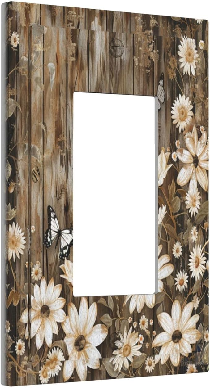 Light Switch Cover Plate Rustic Wood Butterflies Flowers Botanical 1 Gang Outlet Covers Single Rocker Decorative Switch plates Electrical Wall Plates GFCI Receptacle for Farmhouse Cabin Decor
