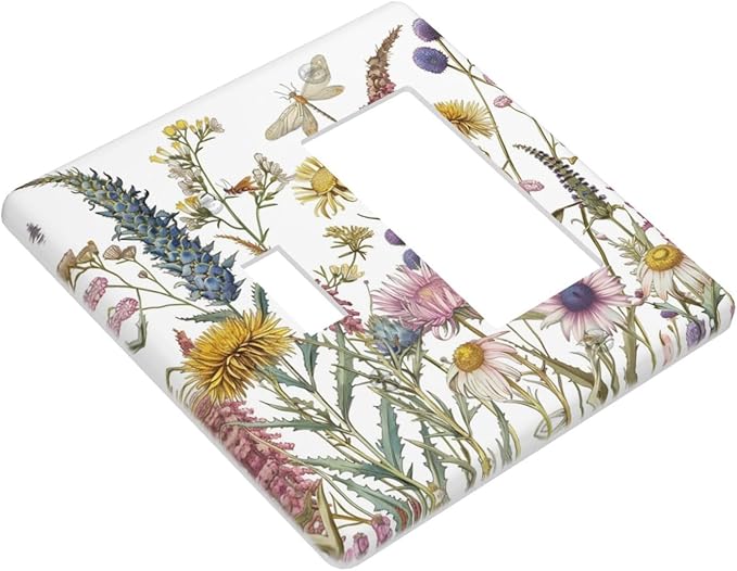 Light Switch Cover Plate Botanical Wildflowers Dragonfly Colorful Floral 2 Gang Combo Wall Plates Toggle Rocker Decorative Switch Plates and Outlet Covers for Bathroom Bedroom Decor