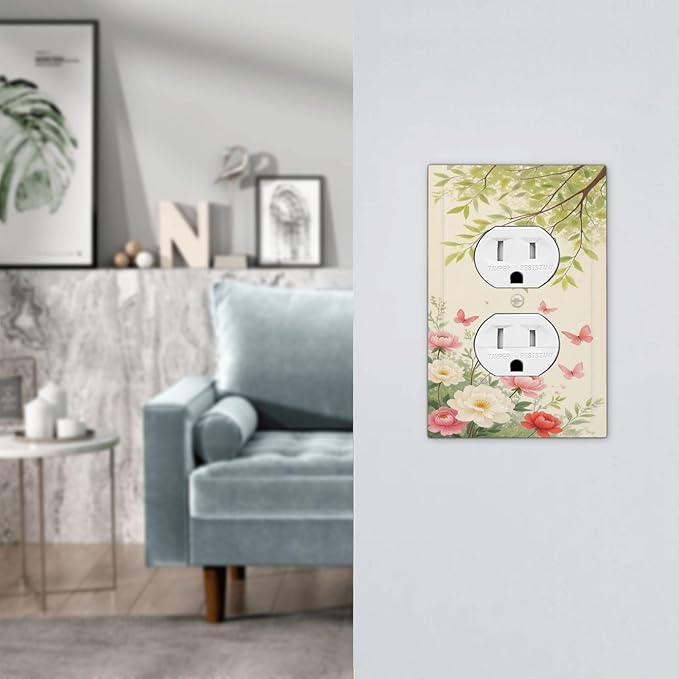 Outlet Covers Garden Flowers Green Leaves And Butterflies 1 Gang Duplex Electrical Receptacle Faceplate Light Switch Cover Wall Plate Decorative Switch Plates for Bedroom Cabin Decor