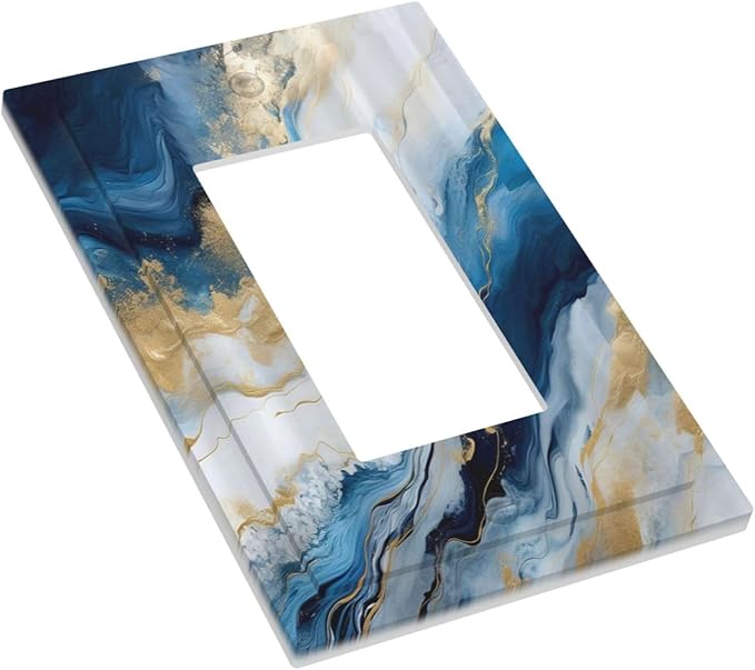 Abstract Blue Granite Luxury Watercolor Marble Texture Print 1 Gang Rocker Light Switch Covers Decorative Unique Single Decora Outlet Wall Plate Faceplate Switchplate GFCI for Bathroom Decor