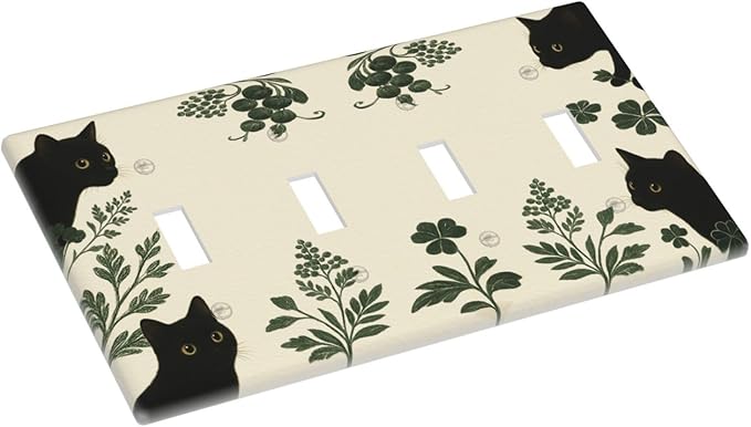 Decorative Light Switch Cover Plate Funny Black Cat Green Leaf 4 Gang Wall Plates for Electrical Outlets Quad Toggle Switch Plate Covers Outlet Covers Faceplate for Bedroom Home Decor