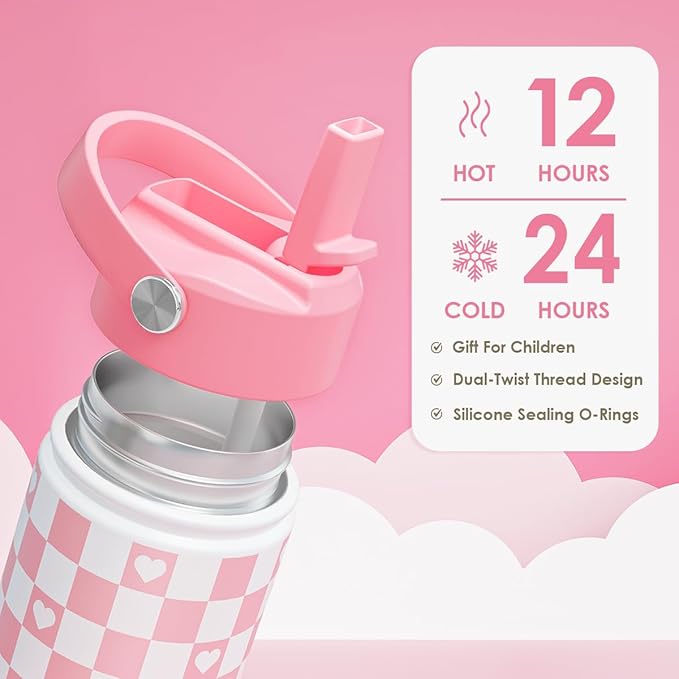 Checker Print Kids Water Bottle With Straw Lid 12oz Insulated Stainless Steel, Travel Tumbler, Pink Bow Gifts For Girls, Birthday, Christmas, Back To School