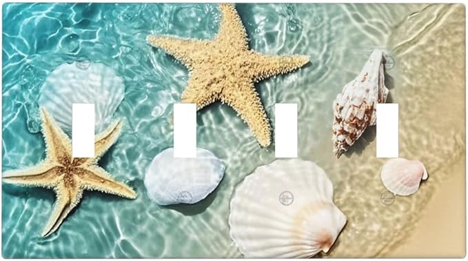 Light Switch Covers Beach Starfish Ocean Conch Cameo Shell Quad Toggle Electrical Faceplate 4 Gang Wall Plate Decorative Switch Plates For Decor Kids Room Decor