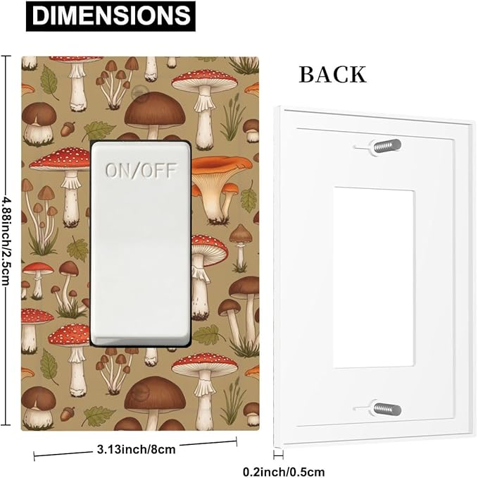 Whimsical Mycology Single Rocker Switch Cover - 1-Gang Standard US Size Vintage Mushroom Light Switch Covers, Woodland Medley for Farmhouse Home Decor