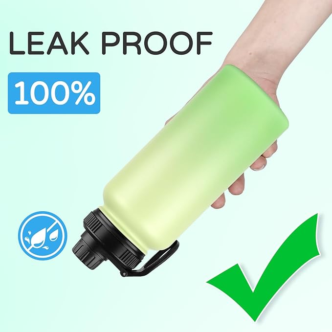 DOMICARE 40 oz Insulated Water Bottle Bulk, Vacuum Insulated Stainless Steel Sports Water Bottle with Straw Lid & Spout Lid, Leakproof, Reusable - Travel, Camping, Bike, Green Gradient (4 Pack)