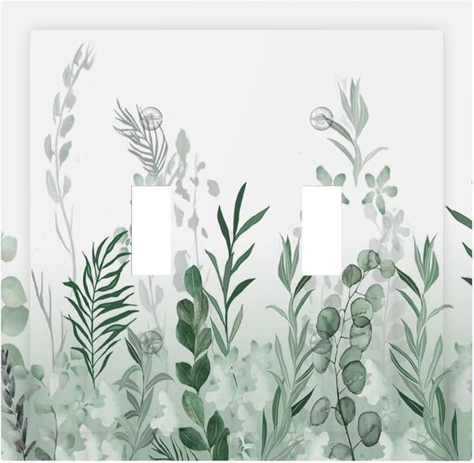 Watercolor Green Leaf Rustic Plant Eucalyptus Flowers Decorative Switch Plates 2 Gang Double Toggle Outlet Light Switch Cover Wall Plate Electrical Faceplate for Bed Room Living Room Decor