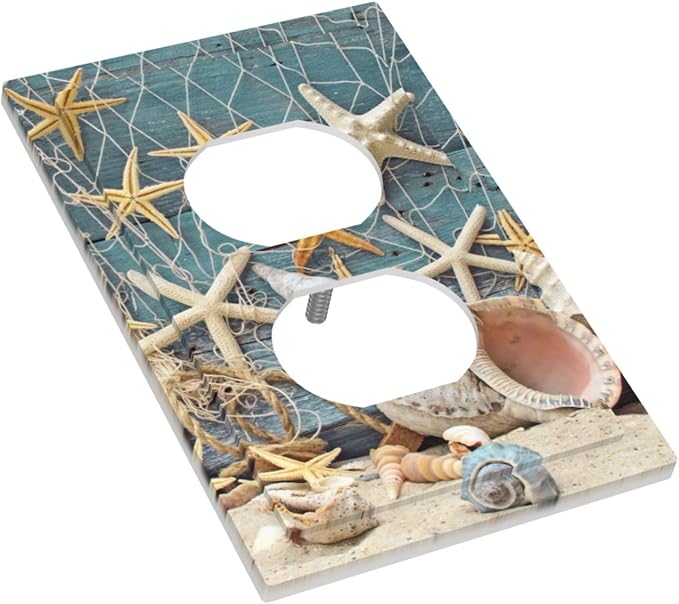 Nautical Beach Starfish Teal Wood 1 Gang Outlet Plate Covers Decorative Single Duplex Wall Plate Electrical Receptacle Light Switch Cover Electric Switchplate Country Decor