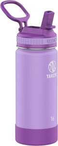 Takeya Actives Kids Water Bottle 16 oz Stainless Steel Double Wall Insulation BPA-Free Leakproof Straw Lid Easy Carry Handle Reusable Ideal for Boys and Girls, School, Sports - Lilac / Ultra Violet