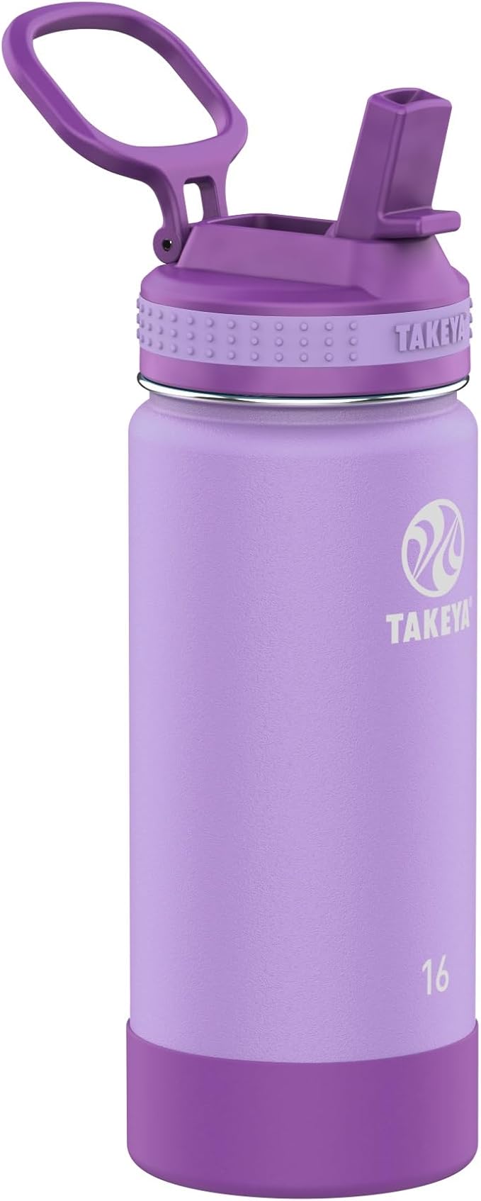 Takeya Actives Kids Water Bottle 16 oz Stainless Steel Double Wall Insulation BPA-Free Leakproof Straw Lid Easy Carry Handle Reusable Ideal for Boys and Girls, School, Sports - Lilac / Ultra Violet
