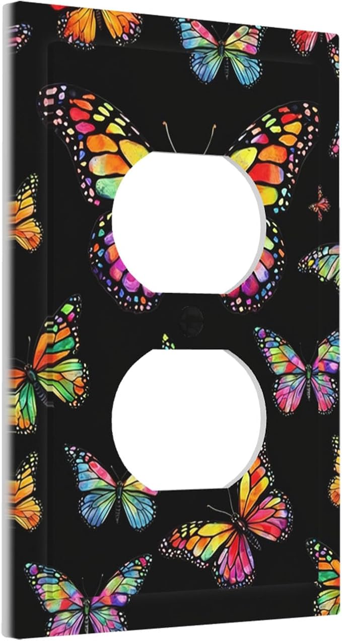 Vibrant Rainbow Butterflies on Black Duplex Wall Plate - 1-Gang Standard US Size Enchanted Garden Escape Outlet Covers for Bedroom Decor