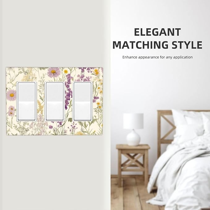 Watercolor Floral Leaves 3 Gang Rocker Outlet Covers Triple Rocker Light Switch Cover Plate Small Purple Flowers Daisies Switchplates Decorative Electrical Faceplate for Bedroom Living Room Decor