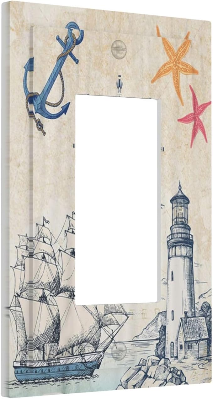 Nautical Sailboat Beach Anchor Pirate Beacon Ocean 1 Gang Rocker Light Switch Covers Decorative Single Decora Outlet Wall Plate Faceplate Switchplate GFCI for Farmhouse Bathroom Bedroom Decor
