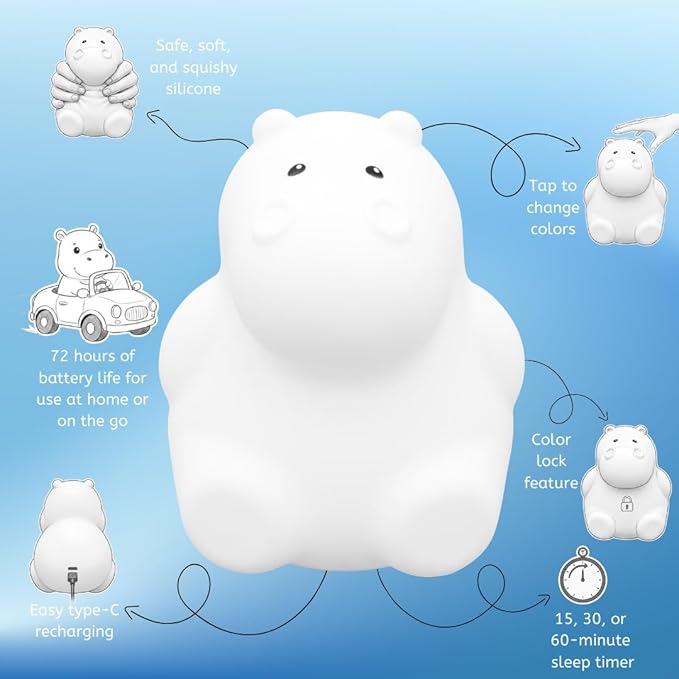 LumiPets Honey the Hippo Silicone Night Light for Kids | Squishy Lamp with Tap & Remote Control | Rechargeable, 9 Color Changing Animal Night Light for Boys & Girls | Portable Nightlight With USB Cord