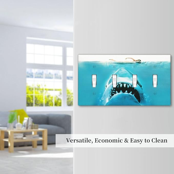 Beach Shark Oceanjaws Movie Vintage Look Light Switch Covers Quad Toggle Electrical Faceplate 4 Gang Wall Plate Decorative Switch Plates Cover for Bathroom Kids Room Decor