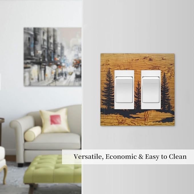 Decorative Outlet Covers Forest Pine Silhouette Rustic Wood Grain 2 Gang Double Gfci Rocker Electrical Wall Panels Light Switch Cover Plate For Farmhouse Cabin Decor