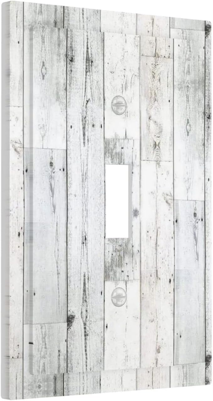 Grey White Wood 1 Gang Light Switch Plate Decorative Single Toggle Wall Plate Cover Electrical Switchplate Faceplate for Bedroom Room Decorate 5" x 3
