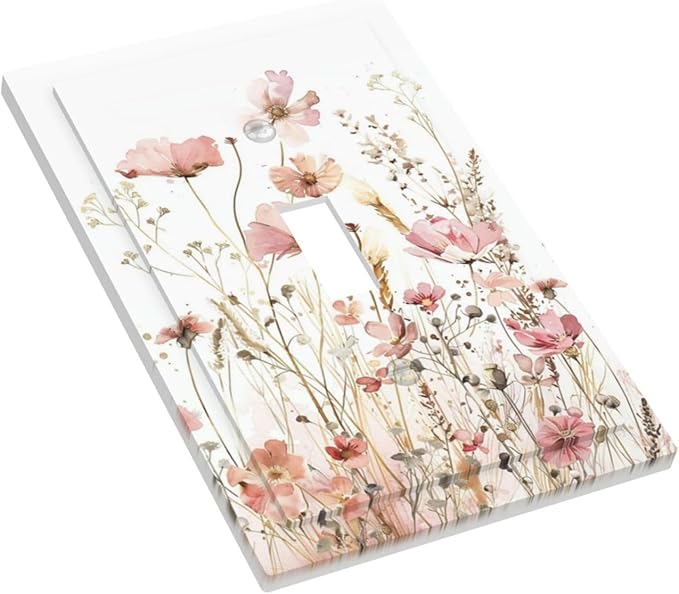 Boho Floral Watercolor Pink Wildflower Butterfly Decorative Light Switch Cover 1 Gang Single Toggle Device Electrical Faceplate Switchplates Decorator Outlet Wall Plate for Bedroom Living Room Decor