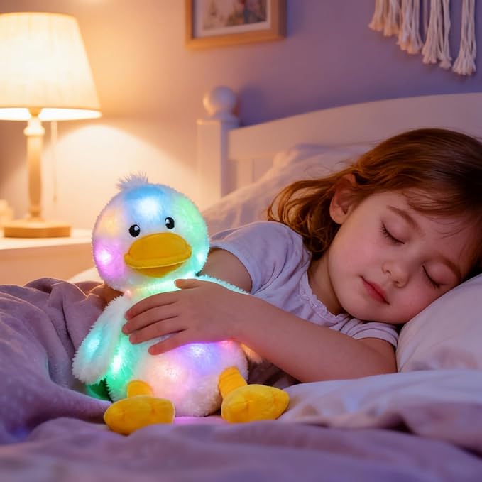 Hopearl LED Musical Stuffed Duck Light up Singing Duckling Plush Toy Adjustable Volume Lullaby Animated Soothe Birthday Gifts for Kids Toddler Girls, White, 11''