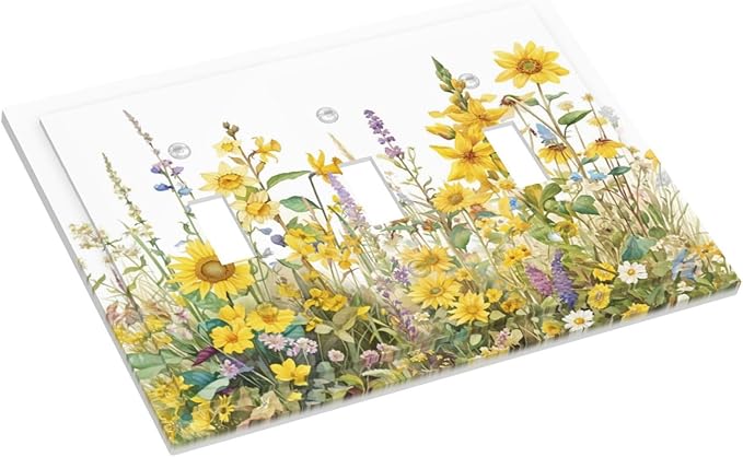 Wildflowers Sunflower Lavender Daisy Floral Decorative Switch Plates 3 Gang Wall Plate Triple Toggle Light Switch Cover Faceplate Electrical Wall Panels for Bedroom Living Room Decor