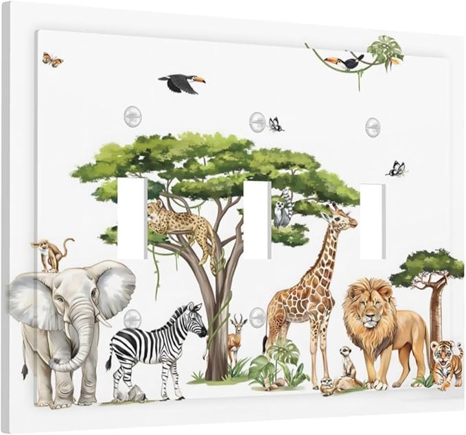Large Animals Elephant Giraffe Jungle Lion Leopard Zebra Decorative Switch Plates 3 Gang Wall Plate Triple Toggle Light Switch Cover Faceplate Electrical Wall Panels for Kids Room Nursery Decor
