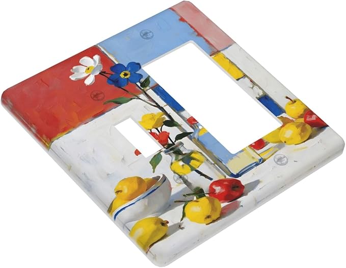 Color Block Floral Still Life Art Red Yellow Blue Abstract Outlet Covers 1 Toggle 1 Rocker Combination Decorative Wall Plate Electrical Switch Plates Light Switch Cover Plate for Farmhouse Bedroom