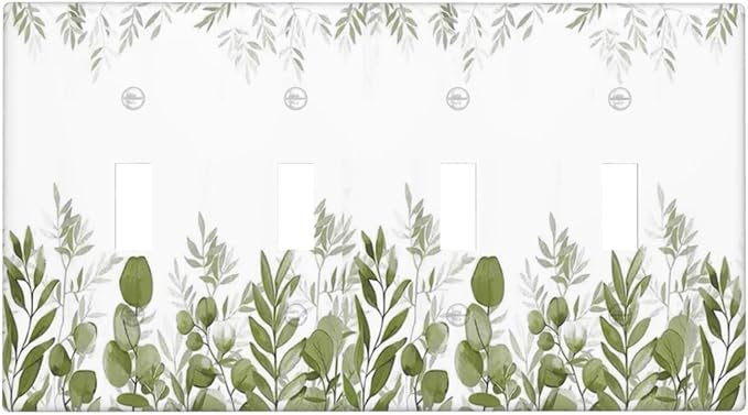 Green Eucalyptus Plant Leaves Vine Light Switch Covers Quad Toggle Electrical Faceplate 4 Gang Wall Plate Decorative Switch Plates for Bed Room Living Room Decor