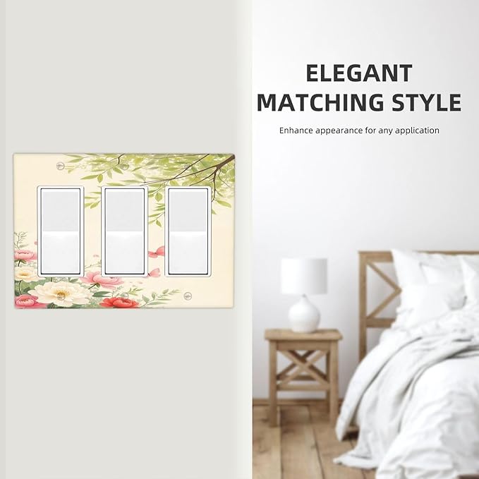 Light Switch Covers Garden Flowers Green Leaves And Butterflies 3 Gang Rocker Electrical GFCI Decorative Triple Outlet Wall Plate Cover Switchplate for Bedroom Cabin Decor