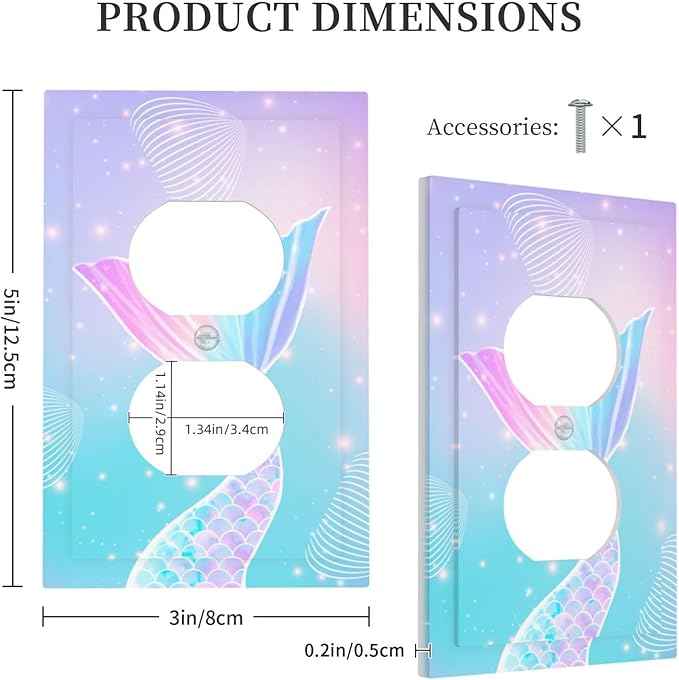 Mermaid 1 Gang Electrical Duplex Outlet Covers Light Switch Cover Receptacle Rainbow Tail Scales Jelly Fish Wall Plate Decorative Faceplate for Nursery Girls Boys Room Kids Room Decor