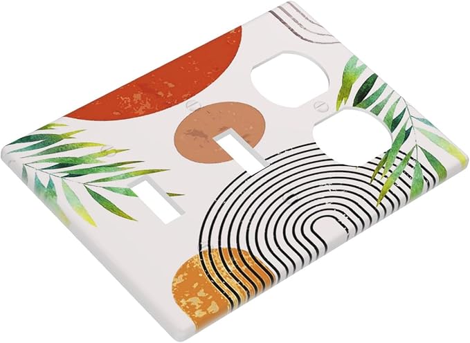 Beige Orange Boho Mid Century Abstract 3-Gang 2-Toggle 1-Duplex Receptacle Combination Light Switch Decorative Triple Combo Device Switches/Rocker Outlet Covers and Wall Plate