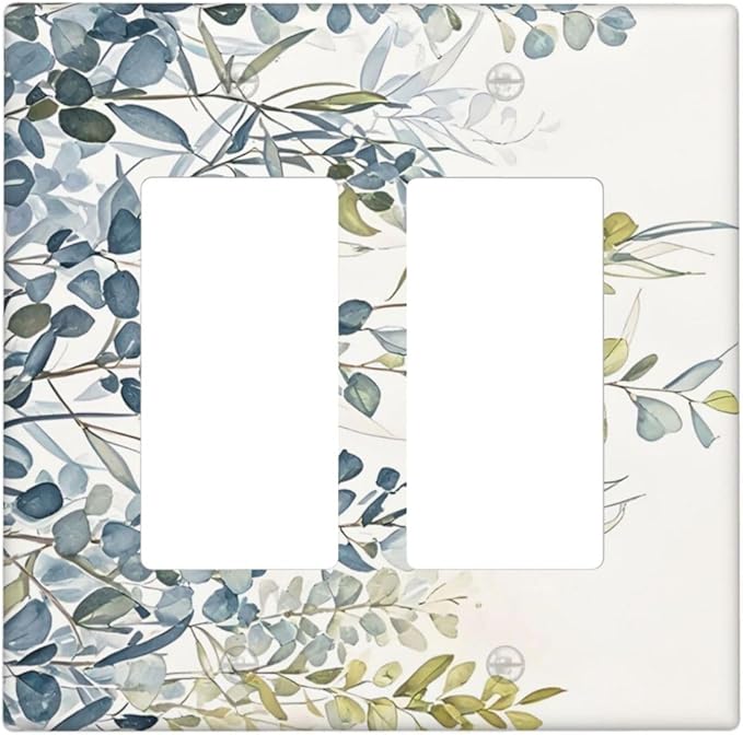Decorative Outlet Covers with Green & Blue Watercolor Eucalyptus Botanical Foliage Design 2 Gang Wall Plate Double Rocker Light Switch Cover Switch Plate Cover for Contemporary Living Room