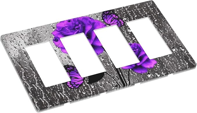 Romantic Purple Butterfly Rose Flower 4 Gang Quad Rocker Light Switch Cover Decorative Quadruple Device GFCI/Decorator Wall Plate Electric Faceplate Screwless