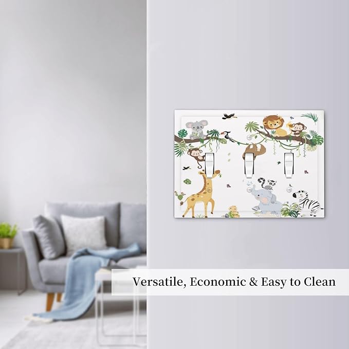 Jungle Animals Tree Branch Monkey Giraffe Lion Elephant Decorative Switch Plates 3 Gang Wall Plate Triple Toggle Light Switch Cover Faceplate Electrical Wall Panels for Kids Room Nursery Decor