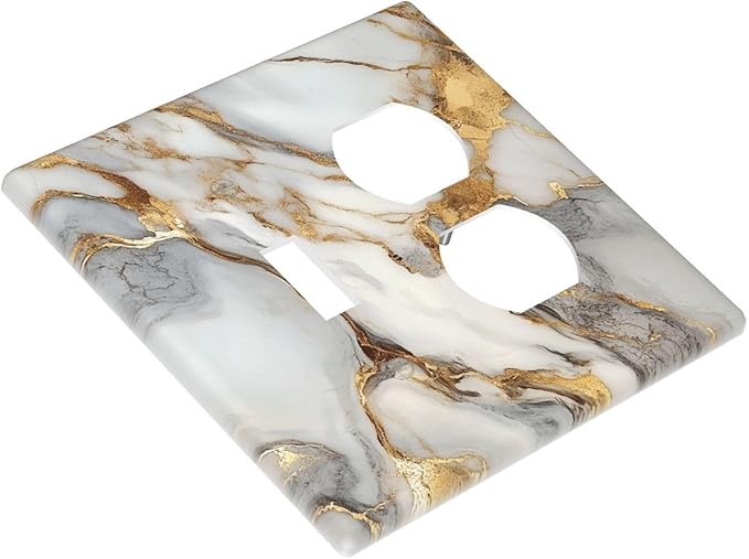 Light Switch Cover Plate White Gold Abstract Luxury Marble Patterns 2 Gang Outlet Covers 1 Toggle 1 Duplex Socket Cover Wallplates Electrical Switch Plate Covers for Bathroom Home Decor