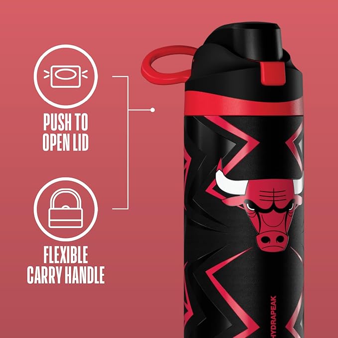 Hydrapeak x NBA Officially Licensed Chicago Bulls Oasis 20 oz Insulated Kids Water Bottle, Stainless Steel Water Bottle Kids with Chug Lid, Push Button